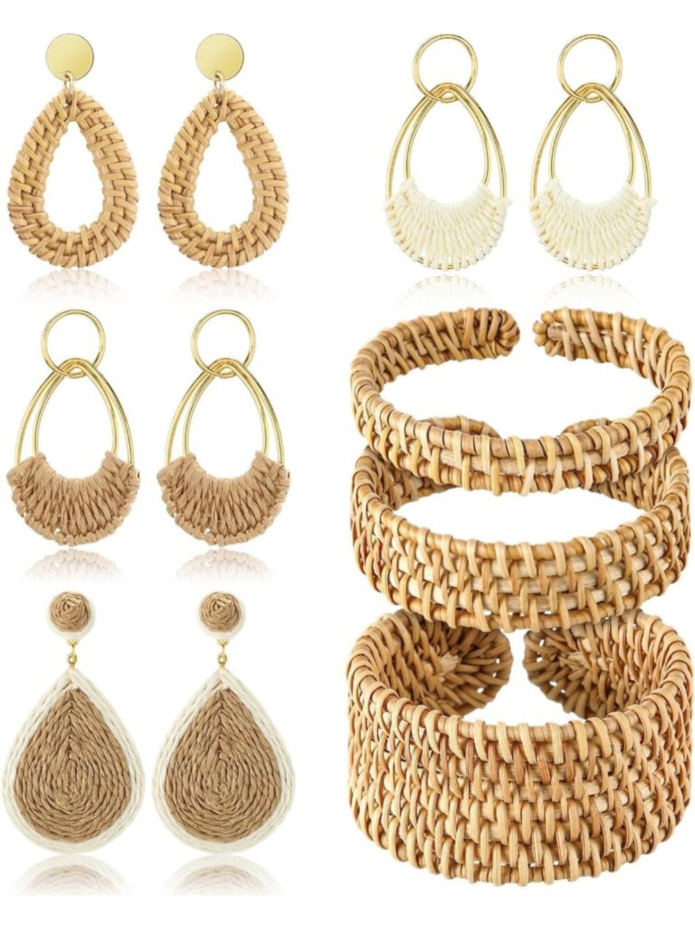 Boho Rattan Jewelry Set: 11 Pcs Woven Raffia Bracelets & Straw Earrings for